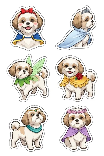 Shih tzu sticker sheet in the Princess theme, six designs on one sheet
