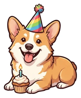 Corgi in a party hat with a birthday cupcake, a sticker in the Birthday theme