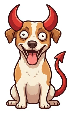 Wide-eyed dog with devil horns and a tail, a sticker in the Chaos Demon theme