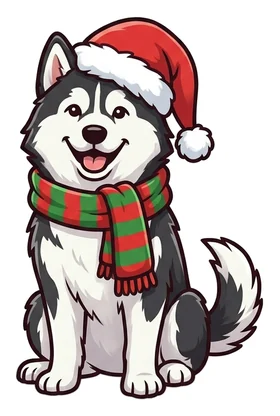 Husky in a Santa hat and striped scarf, a sticker in the Christmas theme