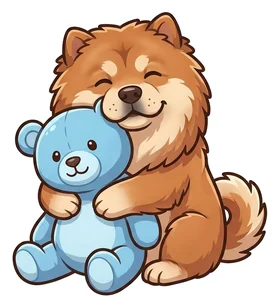 Fluffy dog hugging a blue teddy bear, a sticker in the Cuddle Monster theme