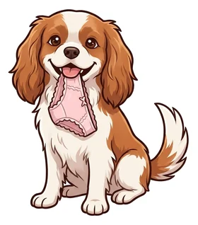 Spaniel grinning with laundry in its mouth, a sticker in the Dog Mom theme