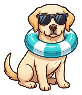 Lab in sunglasses wearing a pool float, a sticker in the Endless Summer theme