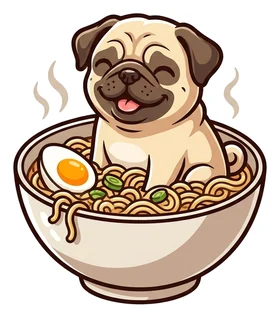 Pug sitting in a bowl of ramen, a sticker in the Food theme