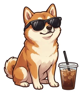 Shiba inu in sunglasses with an iced coffee, a sticker in the Hot Girl Walk theme