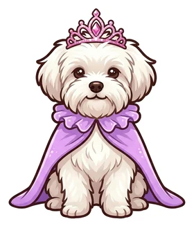 White fluffy dog in a tiara and purple cape, a sticker in the Princess theme