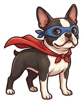Boston terrier in a mask and red cape, a sticker in the Superhero theme