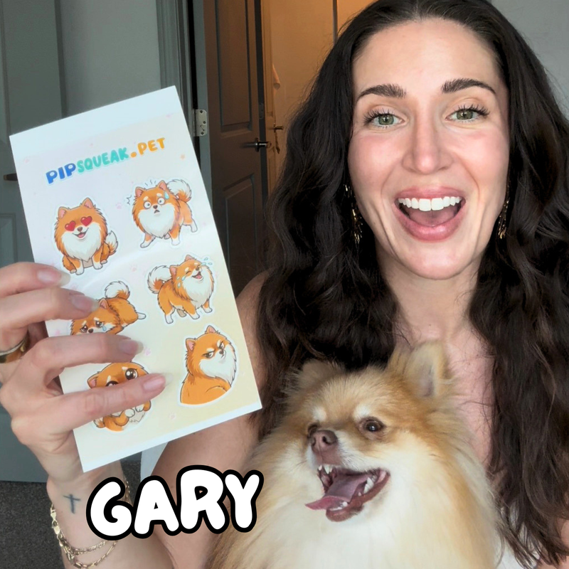 Happy customer holding her custom Pomeranian sticker sheet