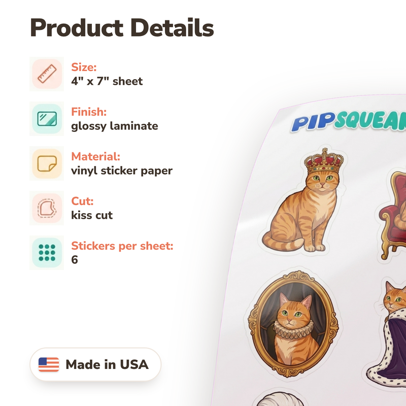 Glossy vinyl sticker sheet printed with royal-theme cat stickers
